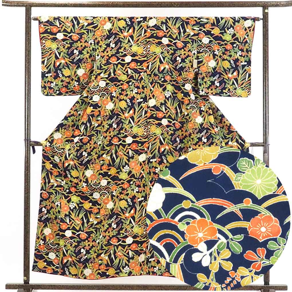 【在庫処分】リサイクル着物 小紋正絹紺地花柄袷小紋着物レディース【裄Mサイズ】身丈155cm 裄64cm 前幅24cm 後幅30cm 袖丈48cm【ランクA】