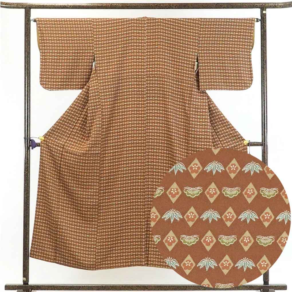 【在庫処分】リサイクル着物 小紋正絹茶色地袷小紋着物レディース【裄Mサイズ】身丈150cm 裄65cm 前幅25cm 後幅29cm 袖丈44cm【ランクA】
