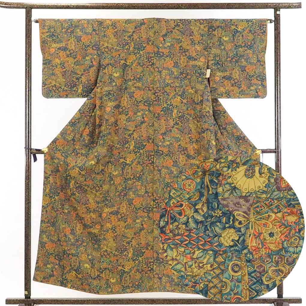 【在庫処分】リサイクル着物 小紋正絹更紗模様袷小紋着物レディース【裄Mサイズ】身丈156cm 裄64cm 前幅22cm 後幅30cm 袖丈46cm【ランクA】