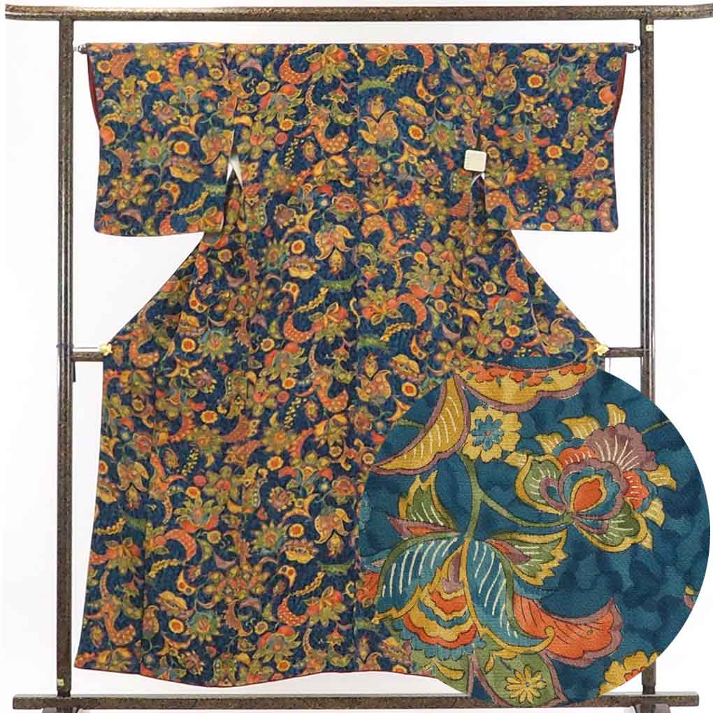 【在庫処分】リサイクル着物 小紋正絹紺地花柄袷小紋着物レディース【裄Mサイズ】身丈155cm 裄65cm 前幅24cm 後幅29cm 袖丈47cm【ランクA】