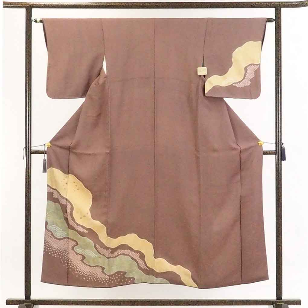 【在庫処分】リサイクル着物 訪問着正絹茶紫地桶絞り道長模様袷訪問着着物レディース【裄Sサイズ】身丈153cm 裄62cm 前幅24cm 後幅27.5cm 袖丈46cm【ランクB】