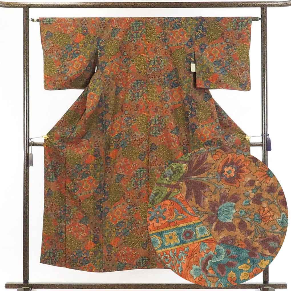 【在庫処分】リサイクル着物 小紋 / 正絹赤茶地更紗模様袷小紋着物 レディース 秋冬春用 シルク100％ ブラウン 裄Mサイズ身丈154cm 裄63cm 前幅23cm 後幅29cm 袖丈45cm【ランクA】