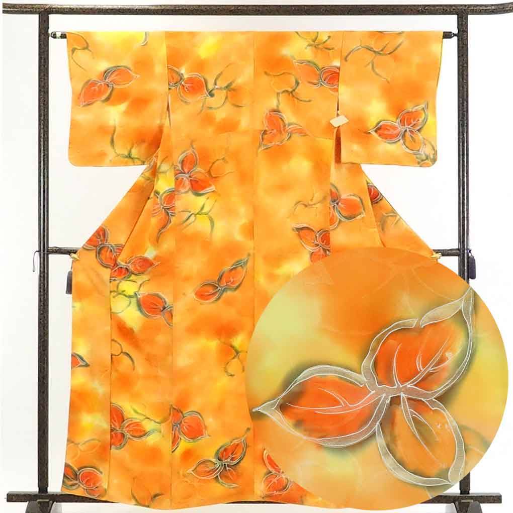 【在庫処分】リサイクル着物 小紋 / 正絹オレンジ地木の葉柄地紋起こし袷小紋着物 レディース 秋冬春用 シルク100％ オレンジ 裄Sサイズ身丈163cm 裄62cm 前幅22cm 後幅28cm 袖丈47cm【ランクA】