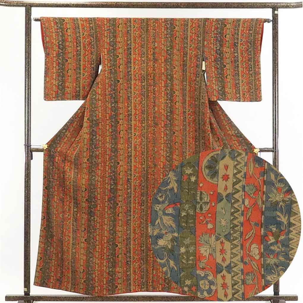 【在庫処分】リサイクル着物 小紋 / 正絹縦縞袷小紋着物 レディース 秋冬春用 シルク100％ ブラウン 裄Mサイズ身丈159cm 裄63cm 前幅23.5cm 後幅30cm 袖丈48cm【ランクA】