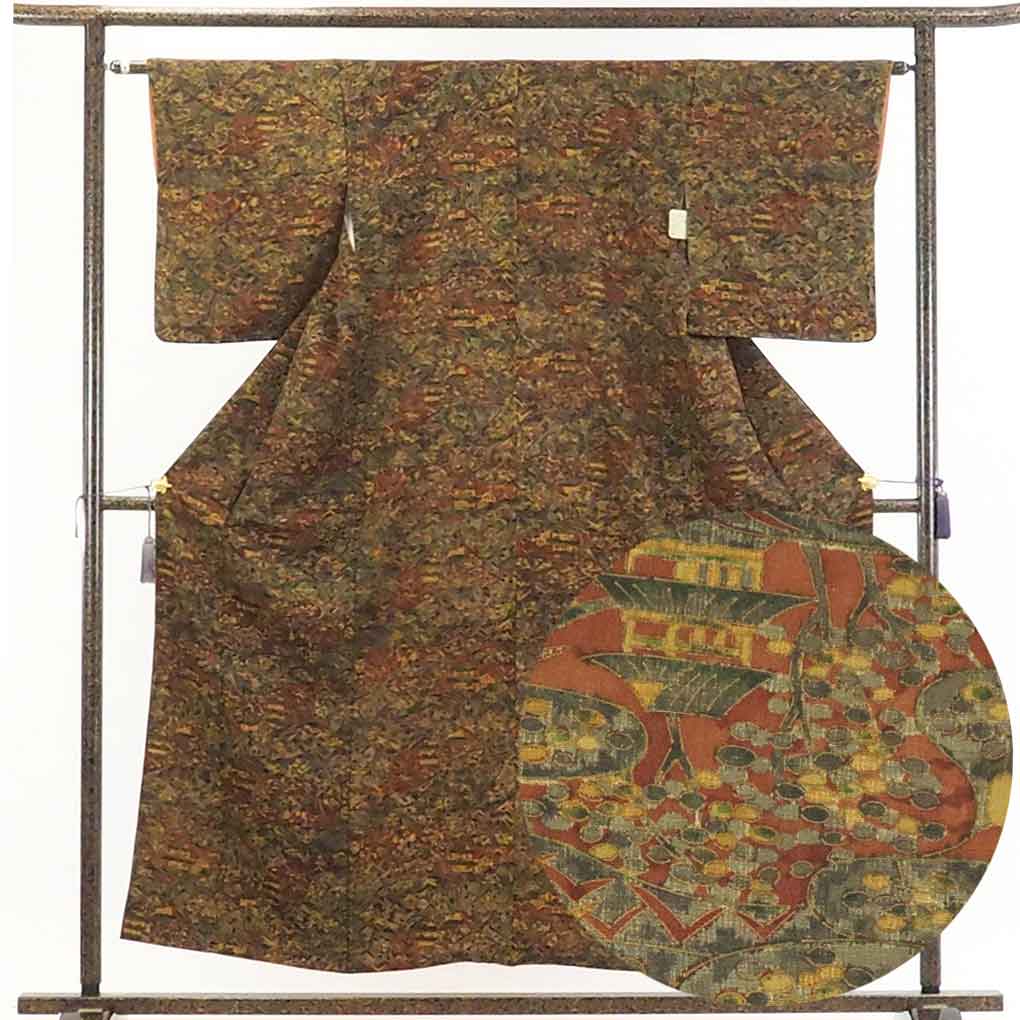 【在庫処分】リサイクル着物 小紋正絹茶グリーン地袷小紋着物 レディース 秋冬春用 シルク100％ ブラウン 裄Sサイズ身丈156cm 裄62cm 前幅23cm 後幅28cm 袖丈49cm【ランクB】