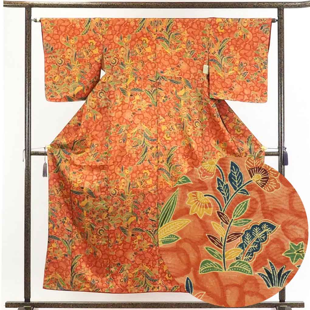 【在庫処分】リサイクル着物 小紋正絹茶オレンジ地花柄袷小紋着物 レディース 秋冬春用 シルク100％ ブラウン 裄Mサイズ身丈155cm 裄63cm 前幅22cm 後幅28cm 袖丈48cm【ランクA】