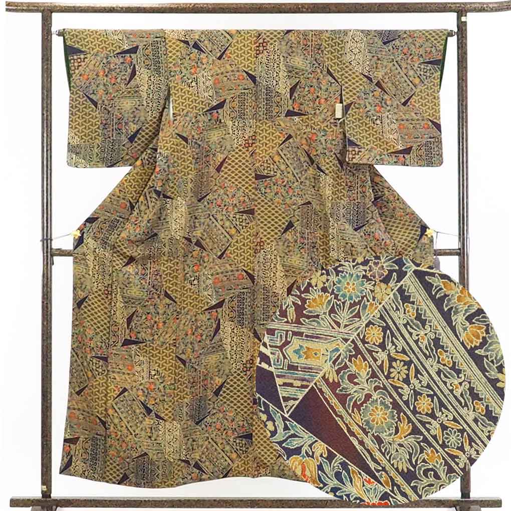 【在庫処分】リサイクル着物 小紋正絹茶色地花柄袷小紋着物 レディース 秋冬春用 シルク100％ ブラウン 裄Mサイズ身丈156cm 裄64cm 前幅24cm 後幅29cm 袖丈48cm【ランクA】