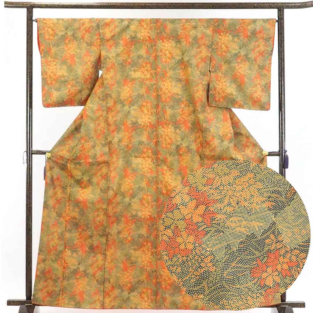 【在庫処分】リサイクル着物 小紋正絹花柄袷小紋着物 レディース 秋冬春用 シルク100％ オレンジ 裄Mサイズ身丈165cm 裄66cm 前幅24cm 後幅30cm 袖丈53cm【ランクA】
