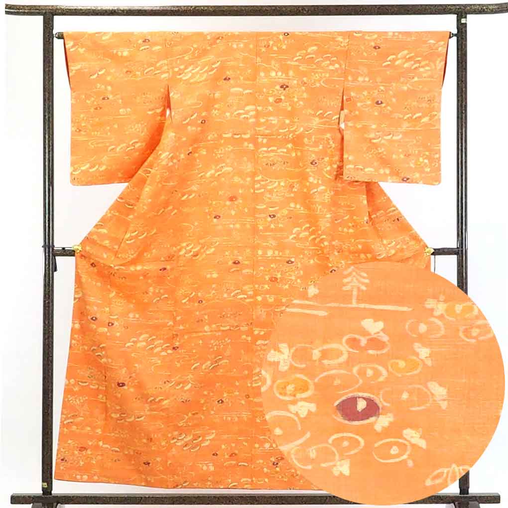【在庫処分】リサイクル着物 紬正絹オレンジ地後染袷紬着物 レディース 秋冬春用 シルク100％ オレンジ 裄Mサイズ身丈158cm 裄65cm 前幅23.5cm 後幅28cm 袖丈54cm【ランクA】