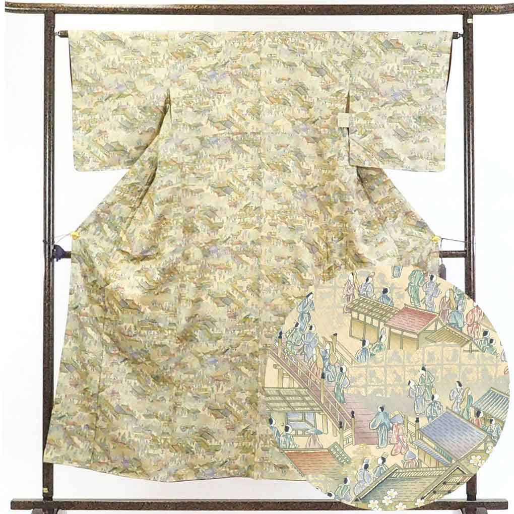 【在庫処分】リサイクル着物 小紋正絹薄茶地袷小紋着物 レディース 秋冬春用 シルク100％ ベージュ 裄Mサイズ身丈153cm 裄65cm 前幅26cm 後幅30cm 袖丈47.5cm【ランクA】