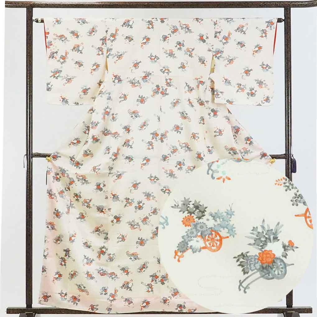 リサイクル着物 小紋正絹薄茶地花車柄袷小紋着物未使用品 レディース 秋冬春用 シルク100％ ブラウン 裄Mサイズ身丈163cm 裄63cm 前幅22.5cm 後幅28cm 袖丈49cm【ランクS】