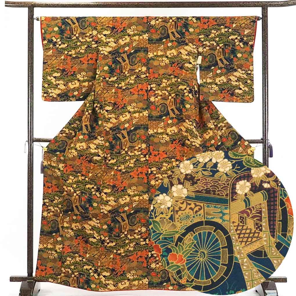 リサイクル着物 小紋正絹紺地御所車柄袷小紋着物 レディース 秋冬春用 シルク100％ ネイビー 裄Mサイズ身丈168cm 裄64cm 前幅24cm 後幅29cm 袖丈52cm【ランクA】