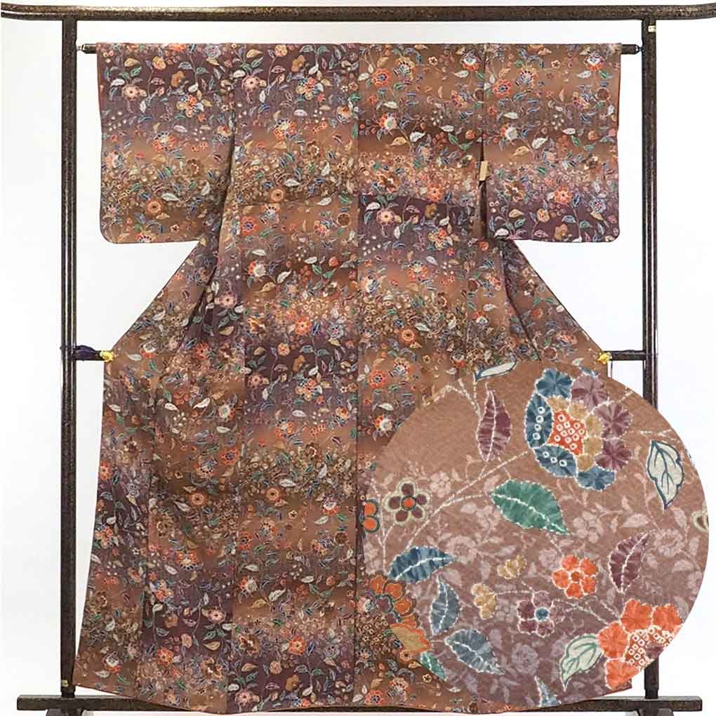 リサイクル着物 小紋正絹茶色ぼかし袷小紋着物 レディース 秋冬春用 シルク100％ ブラウン 裄Mサイズ身丈162cm 裄64cm 前幅23cm 後幅30.5cm 袖丈49cm【ランクA】