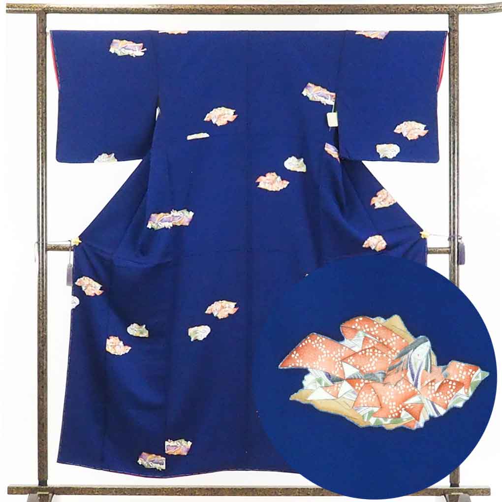 リサイクル着物 小紋正絹紺地袷小紋着物未使用品 レディース 秋冬春用 シルク100％ ネイビー 裄Lサイズ身丈156cm 裄67cm 前幅22.5cm 後幅28.5cm 袖丈47cm【ランクS】