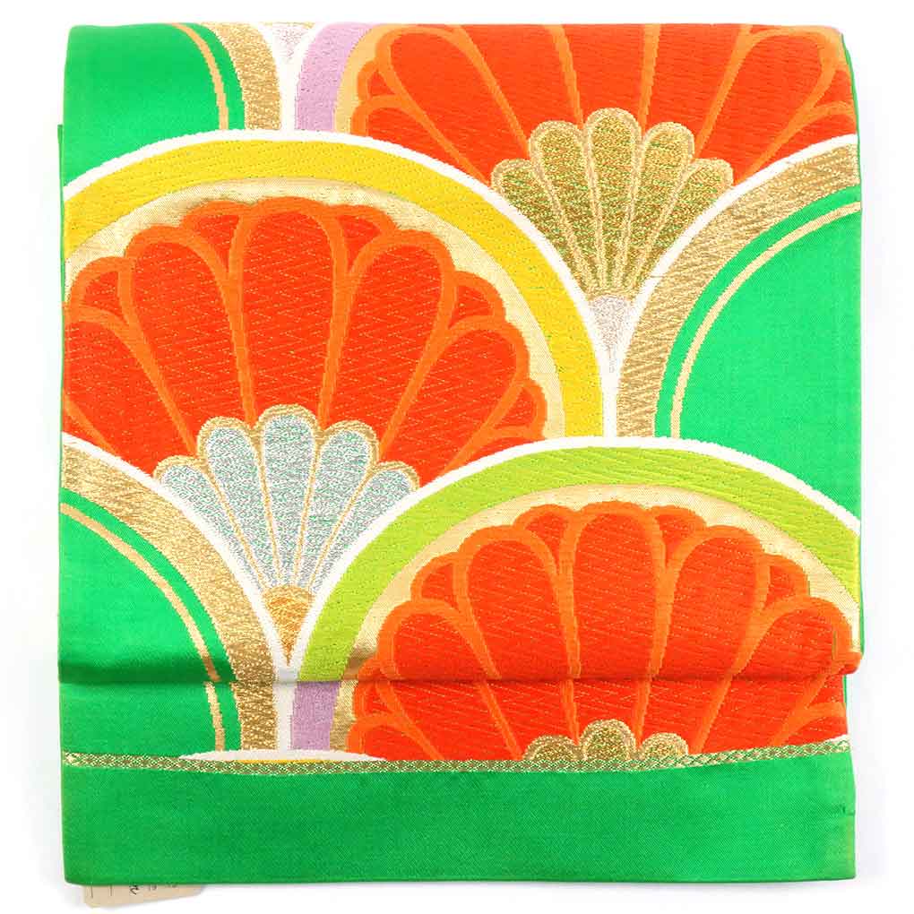 リサイクル帯 袋帯正絹グリーン地袋帯 レディース 秋冬春用 シルク100％ グリーン フリーサイズ幅30cm 長さ428cm【ランクA】