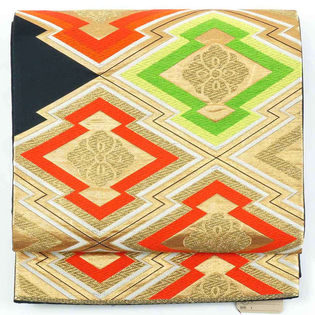 リサイクル帯 袋帯正絹黒地松皮菱柄袋帯 レディース 秋冬春用 シルク100％ ブラック フリーサイズ幅30cm 長さ410cm【ランクA】