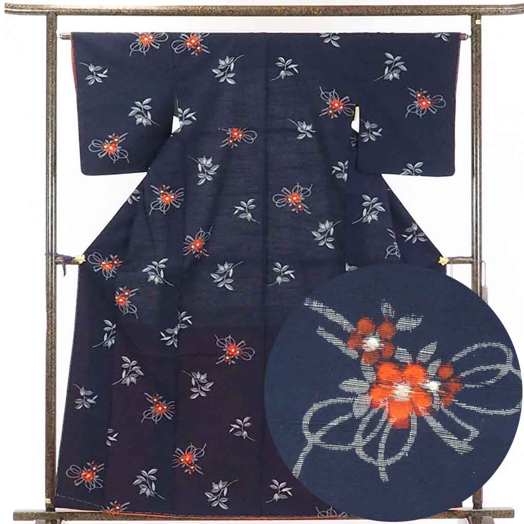 リサイクル着物 紬正絹紺地先染花柄袷紬着物未使用品 レディース 秋冬春用 シルク100％ ネイビー 裄Mサイズ身丈163cm 裄65cm 前幅23cm 後幅29cm 袖丈46cm【ランクS】