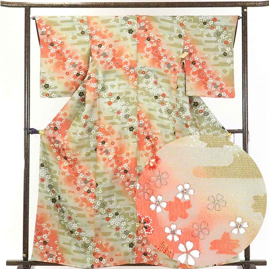 リサイクル着物 小紋正絹グレーぼかし花柄袷小紋着物 レディース 秋冬春用 シルク100％ グレー 裄Mサイズ トールサイズ身丈163cm 裄65cm 前幅25cm 後幅29cm 袖丈54cm【ランクA】