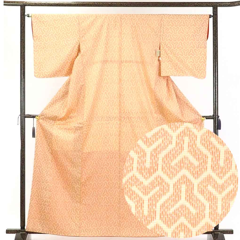 リサイクル着物 紬正絹オレンジ地先染毘沙門亀甲柄袷紬着物 レディース 秋冬春用 シルク100％ オレンジ 裄Mサイズ トールサイズ身丈165cm 裄65cm 前幅24cm 後幅28.5cm 袖丈49cm【ランクA】