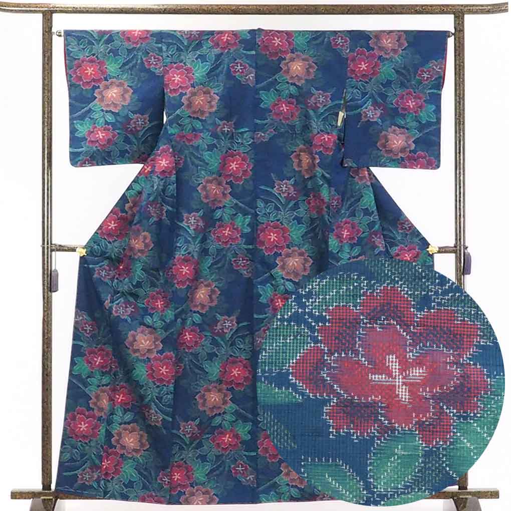 リサイクル着物 紬正絹紺地先染花柄袷紬着物未使用品 レディース 秋冬春用 シルク100％ ネイビー 裄Mサイズ トールサイズ身丈165cm 裄65cm 前幅23.5cm 後幅30cm 袖丈48cm【ランクS】