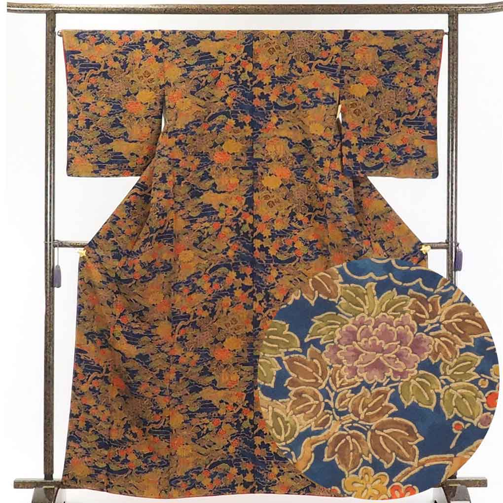 リサイクル着物 小紋正絹紺地花柄袷小紋着物未使用品 レディース 秋冬春用 シルク100％ ネイビー 裄Mサイズ トールサイズ身丈165cm 裄66cm 前幅22.5cm 後幅30cm 袖丈52cm【ランクS】