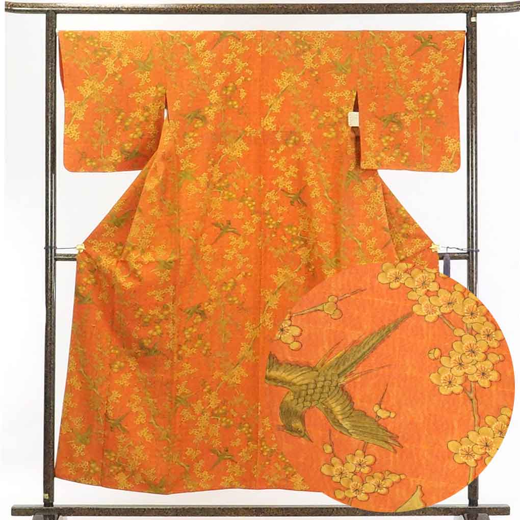 リサイクル着物 小紋正絹茶オレンジ地梅柄袷小紋着物 レディース 秋冬春用 シルク ブラウン 裄Lサイズ身丈155cm 裄67cm 前幅23.5cm 後幅31cm 袖丈48cm【ランクA】