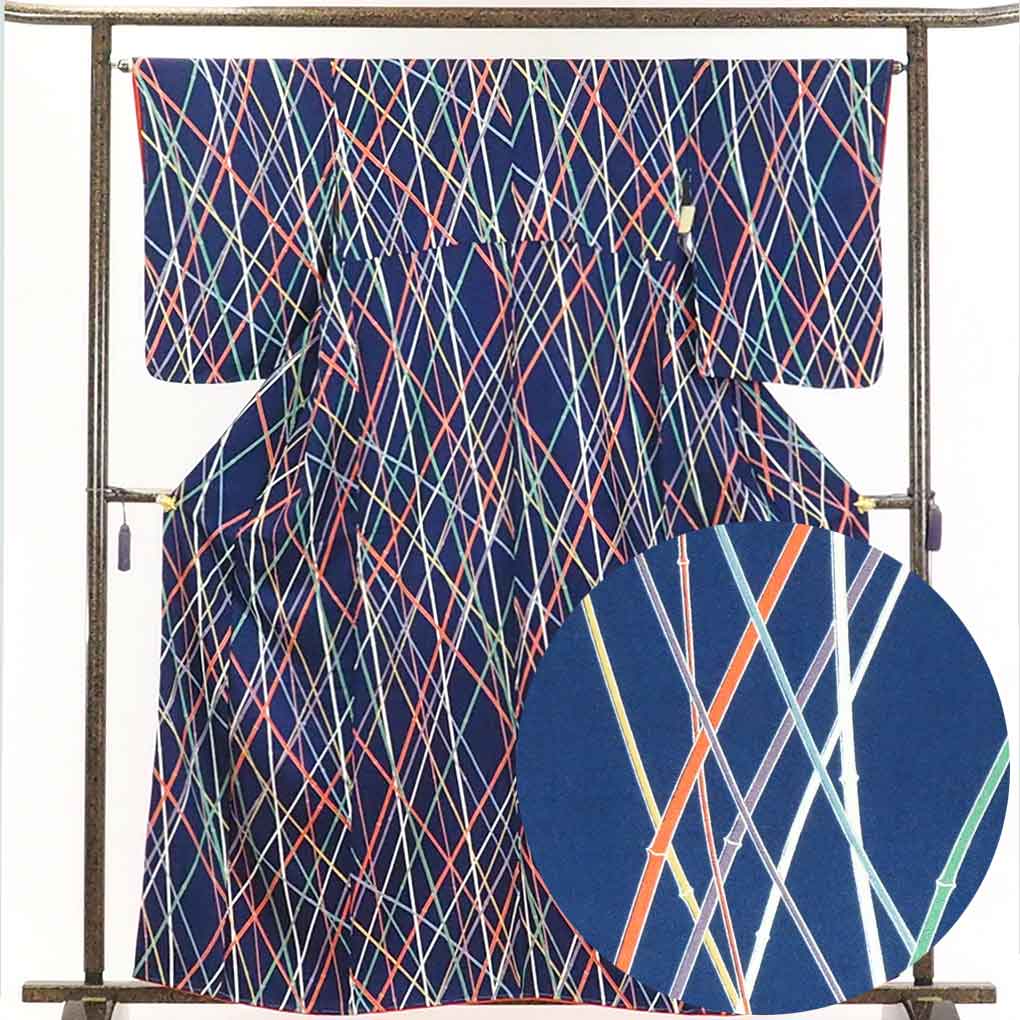 リサイクル着物 小紋正絹紺地竹柄袷小紋着物未使用品 レディース 秋冬春用 シルク ネイビー 裄Mサイズ身丈163cm 裄64cm 前幅22cm 後幅30cm 袖丈55cm【ランクS】