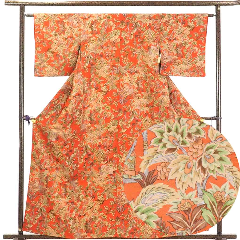 リサイクル着物 小紋正絹赤茶レンガ地花柄袷小紋着物 レディース 秋冬春用 シルク レッド 裄Sサイズ身丈162cm 裄62cm 前幅23cm 後幅28.5cm 袖丈46cm【ランクA】