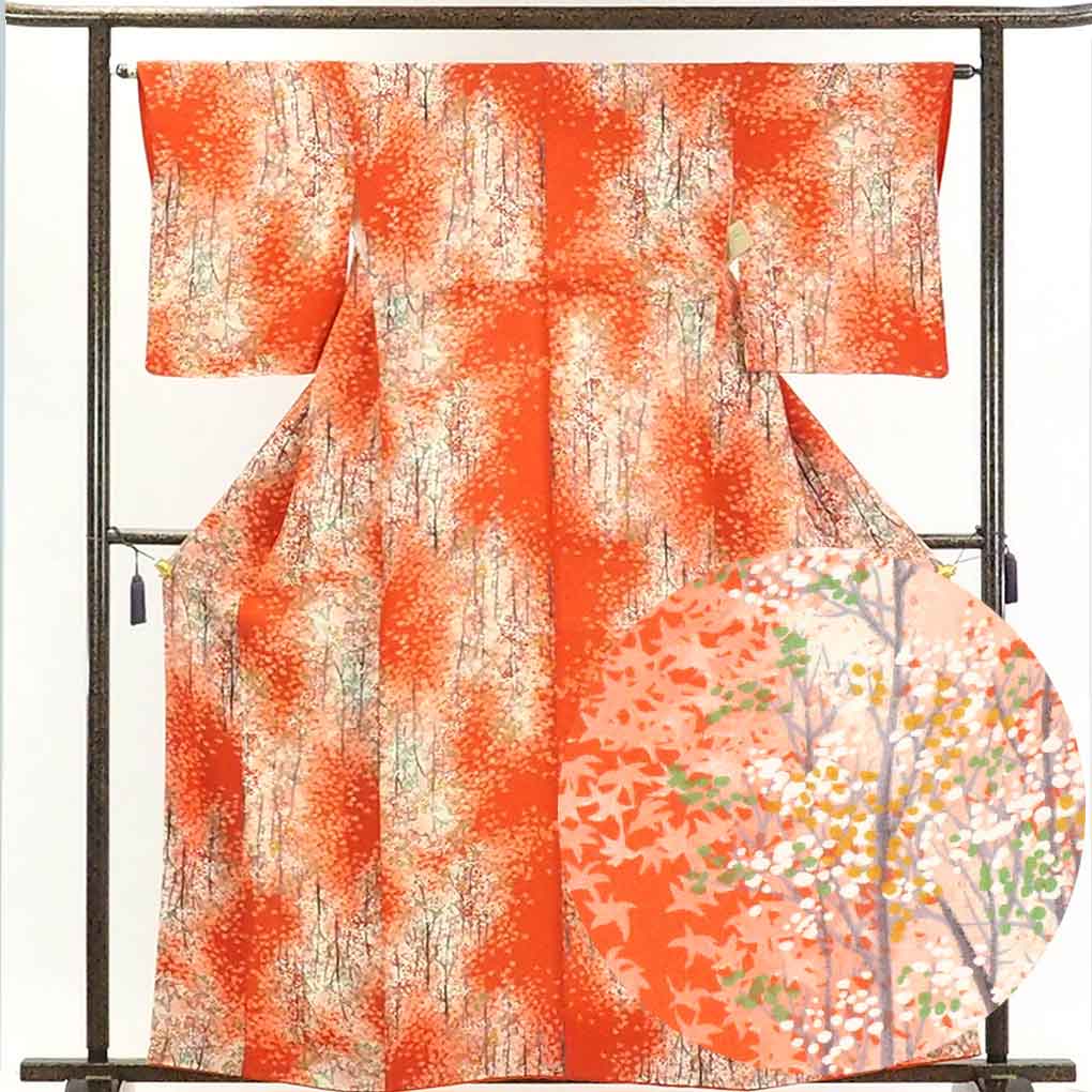 リサイクル着物 小紋正絹朱赤地木立柄袷小紋着物 レディース 秋冬春用 シルク レッド 裄Mサイズ トールサイズ身丈164cm 裄63cm 前幅22.5cm 後幅28cm 袖丈50cm【ランクA】