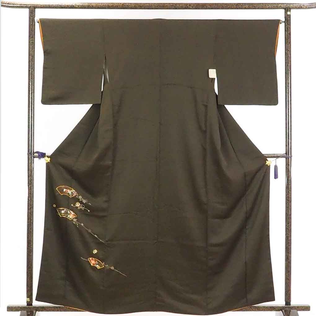 リサイクル着物 訪問着正絹茶色地刺繍扇面柄袷付下訪問着着物 レディース 秋冬春用 シルク ブラウン 裄Mサイズ身丈162cm 裄65cm 前幅22.5cm 後幅28.5cm 袖丈48cm【ランクA】