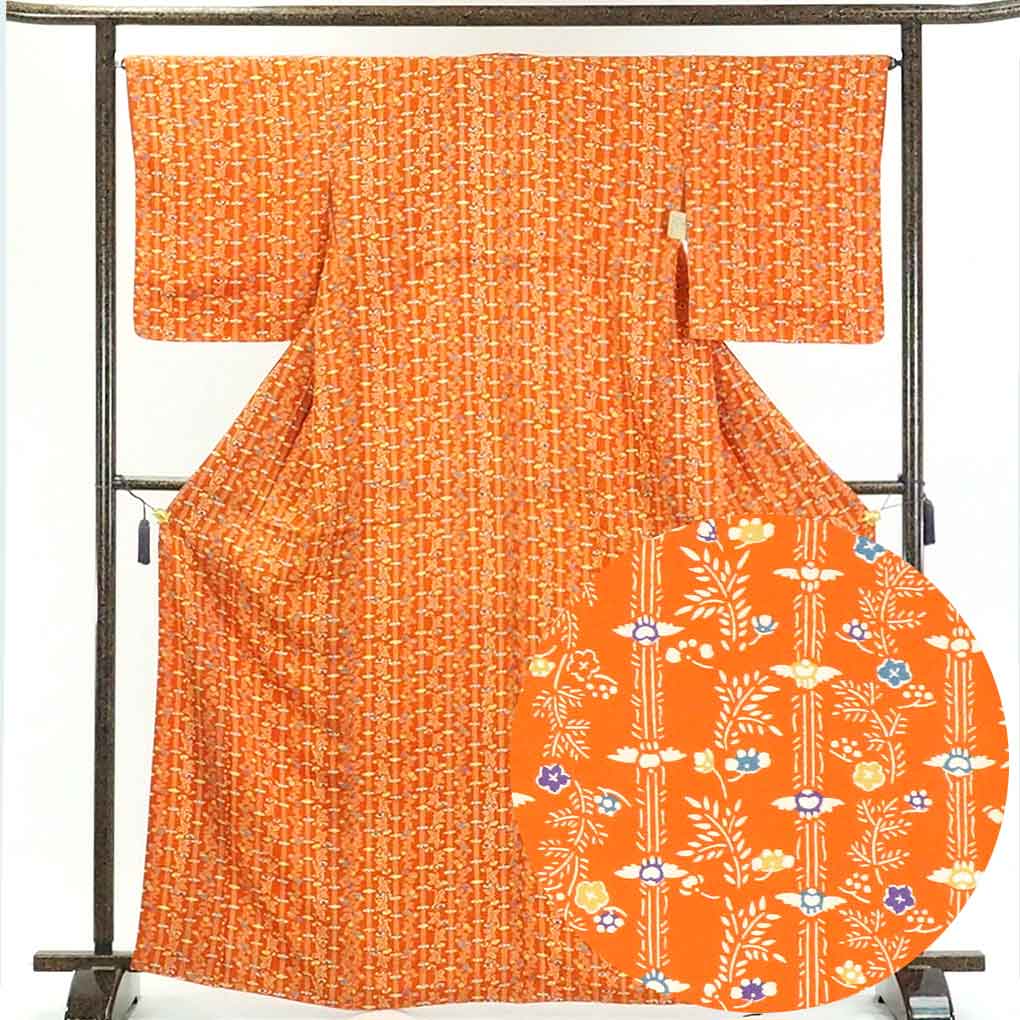 リサイクル着物 小紋正絹茶オレンジ地花柄袷小紋着物未使用品 レディース 秋冬春用 シルク オレンジ 裄Mサイズ トールサイズ身丈167cm 裄66cm 前幅23.5cm 後幅30cm 袖丈50cm【ランクS】