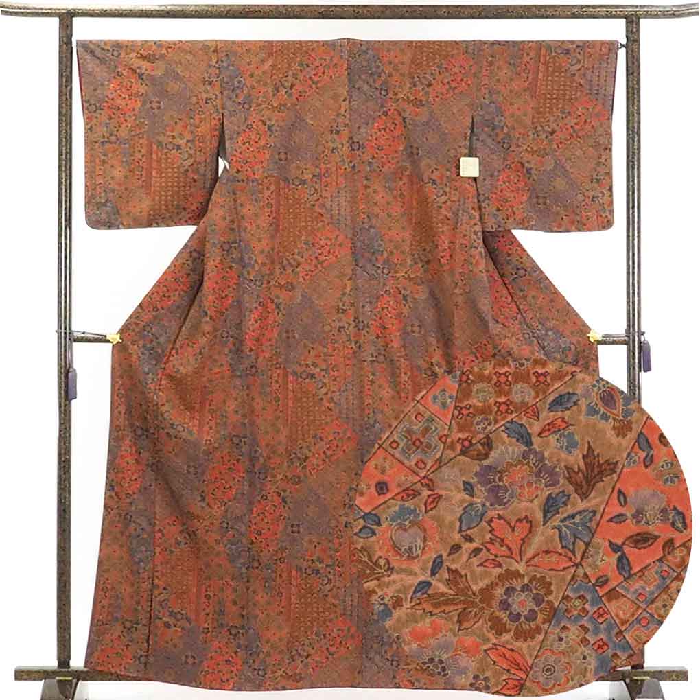 リサイクル着物 小紋正絹赤茶地更紗柄袷小紋着物 レディース 秋冬春用 シルク ブラウン 裄Lサイズ トールサイズ身丈164cm 裄67cm 前幅24cm 後幅30cm 袖丈48cm【ランクA】