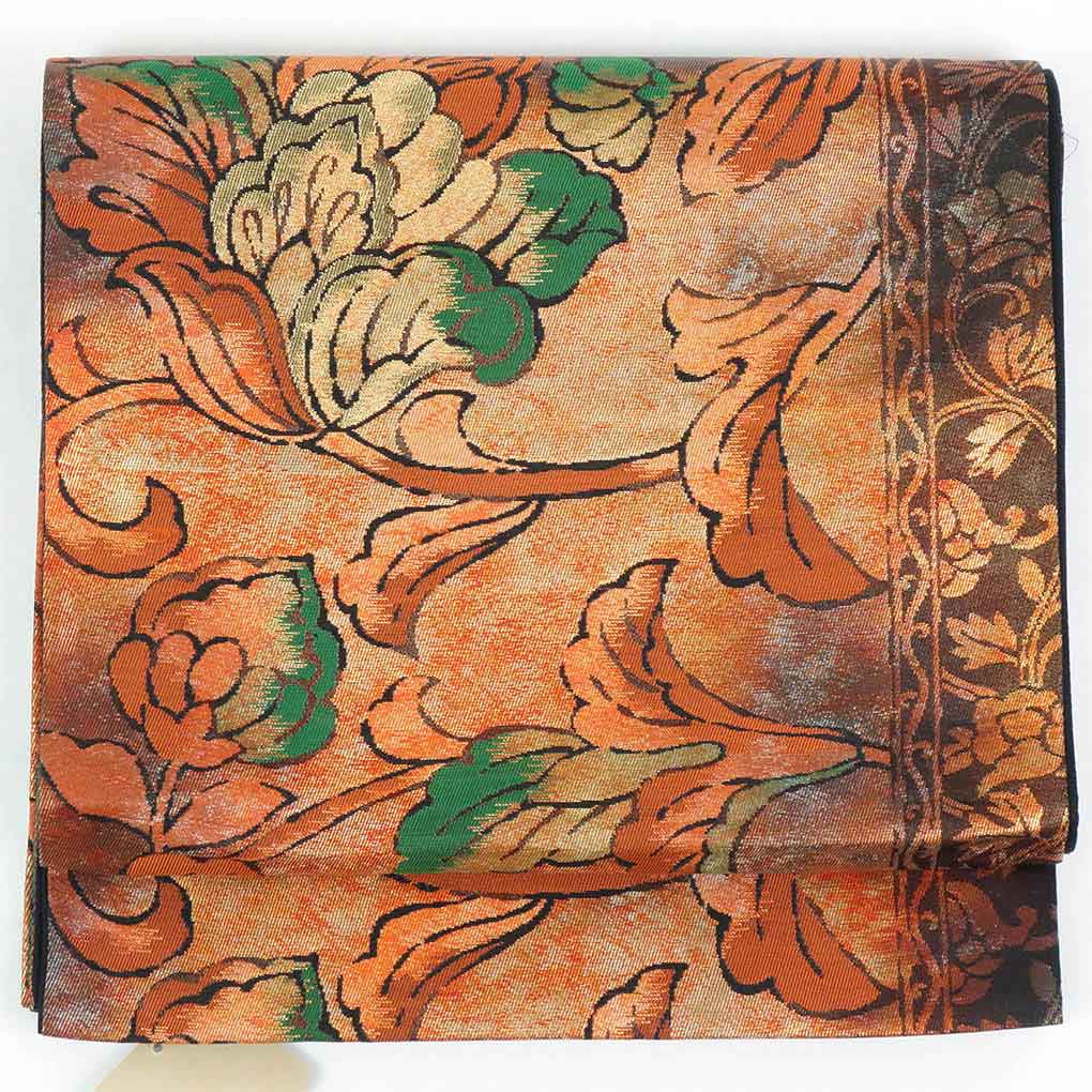リサイクル帯 袋帯正絹茶オレンジ地花柄袋帯 レディース 秋冬春用 シルク ブラウン フリーサイズ幅30cm 長さ424cm【ランクA】