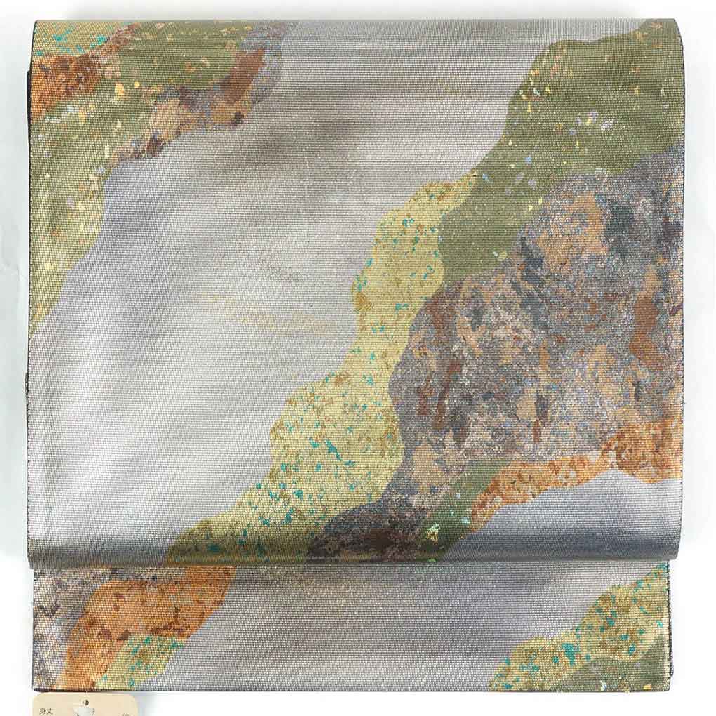 リサイクル帯 袋帯正絹グレー地道長模様袋帯 レディース 秋冬春用 シルク シルバー フリーサイズ幅31cm 長さ435cm【ランクA】