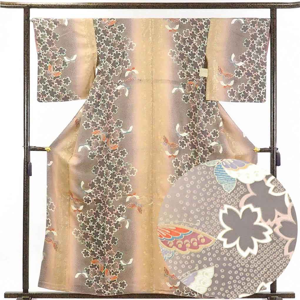 リサイクル着物 小紋正絹茶色縦ぼかし袷小紋着物 レディース 秋冬春用 シルク ブラウン 裄Lサイズ身丈161cm 裄67cm 前幅22.5cm 後幅28.5cm 袖丈49cm【ランクA】