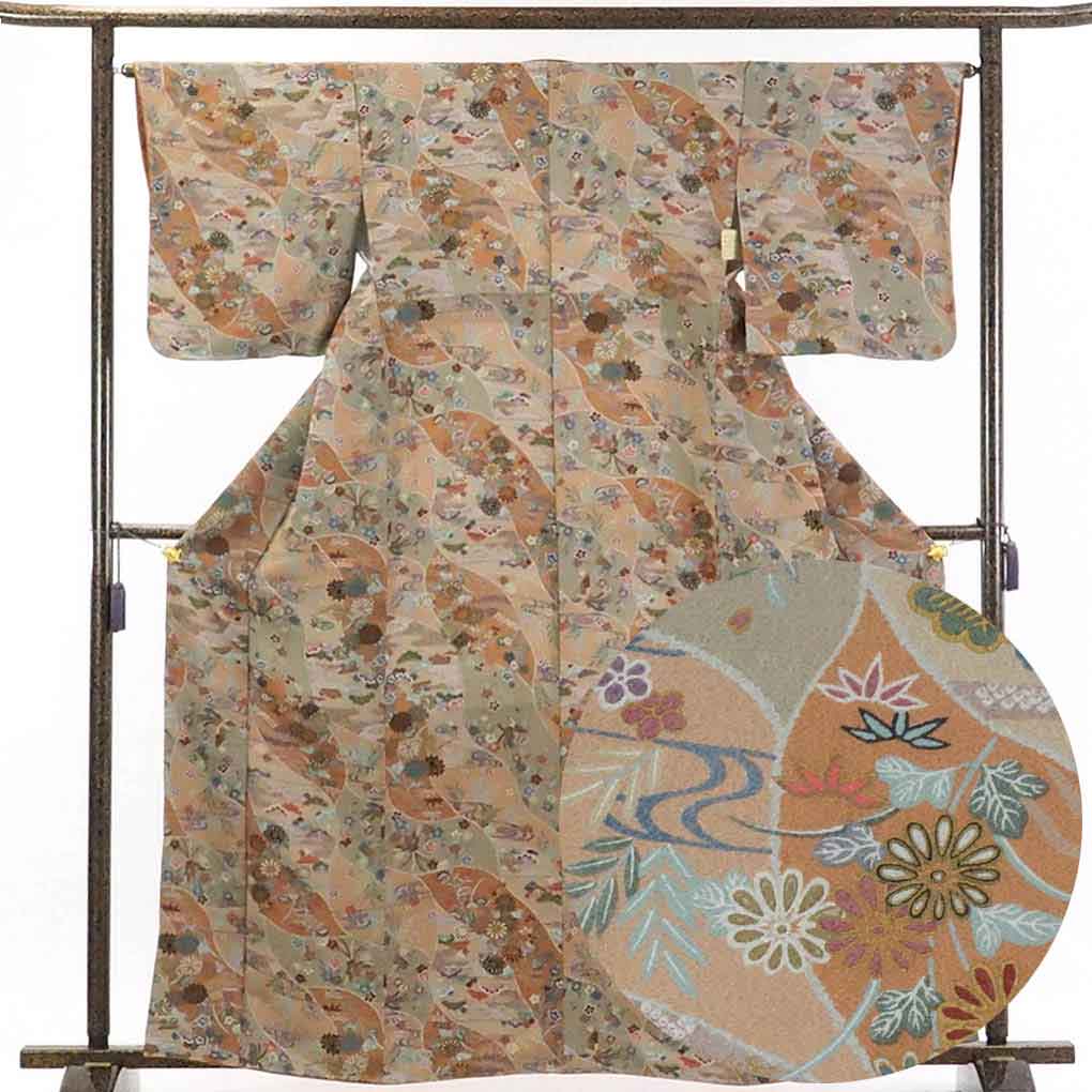 リサイクル着物 小紋正絹茶グレー地袷小紋着物未使用品 レディース 秋冬春用 シルク ブラウン 裄Mサイズ トールサイズ身丈166cm 裄65cm 前幅22.5cm 後幅28cm 袖丈49cm【ランクS】