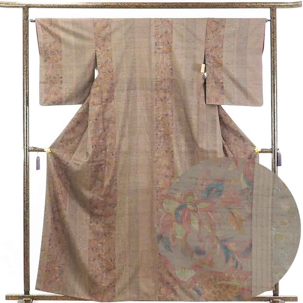【在庫処分】リサイクル着物 紬正絹茶色地後染袷紬着物 レディース 秋冬春用 シルク ブラウン 裄Mサイズ身丈162cm 裄65cm 前幅23cm 後幅30cm 袖丈51cm【ランクA】
