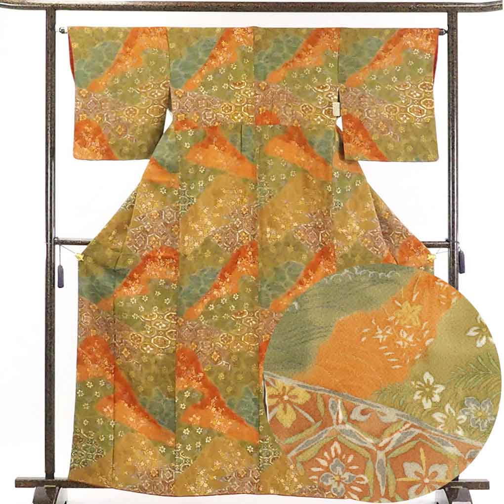 リサイクル着物 小紋正絹茶色地ぼかし花柄袷小紋着物 レディース 秋冬春用 シルク ブラウン 裄Mサイズ トールサイズ身丈165cm 裄64cm 前幅22.5cm 後幅30cm 袖丈48cm【ランクA】