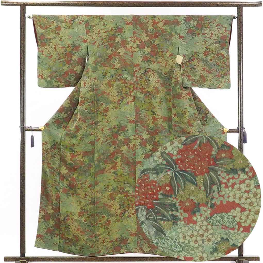 【在庫処分】リサイクル着物 小紋正絹グリーン花柄袷小紋着物 レディース 秋冬春用 シルク グリーン 裄Mサイズ トールサイズ身丈160cm 裄64cm 前幅24.5cm 後幅28.5cm 袖丈49cm【ランクA】