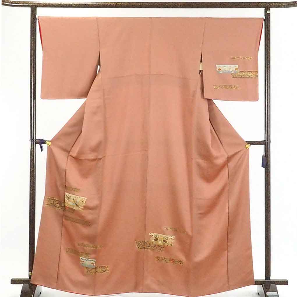 リサイクル着物 訪問着正絹茶ローズ地刺繍金彩隅立四ツ目紋入袷訪問着着物 レディース 秋冬春用 シルク ブラウン 裄Lサイズ トールサイズ身丈168cm 裄67cm 前幅24cm 後幅30cm 袖丈50cm【ランクA】