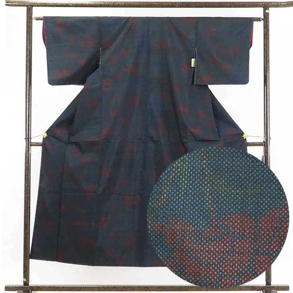 リサイクル着物 紬正絹黒地紺絣五マルキ袷大島紬着物未使用品 レディース 秋冬春用 シルク ネイビー 裄Sサイズ身丈151cm 裄62cm 前幅23cm 後幅29cm 袖丈45cm【ランクS】