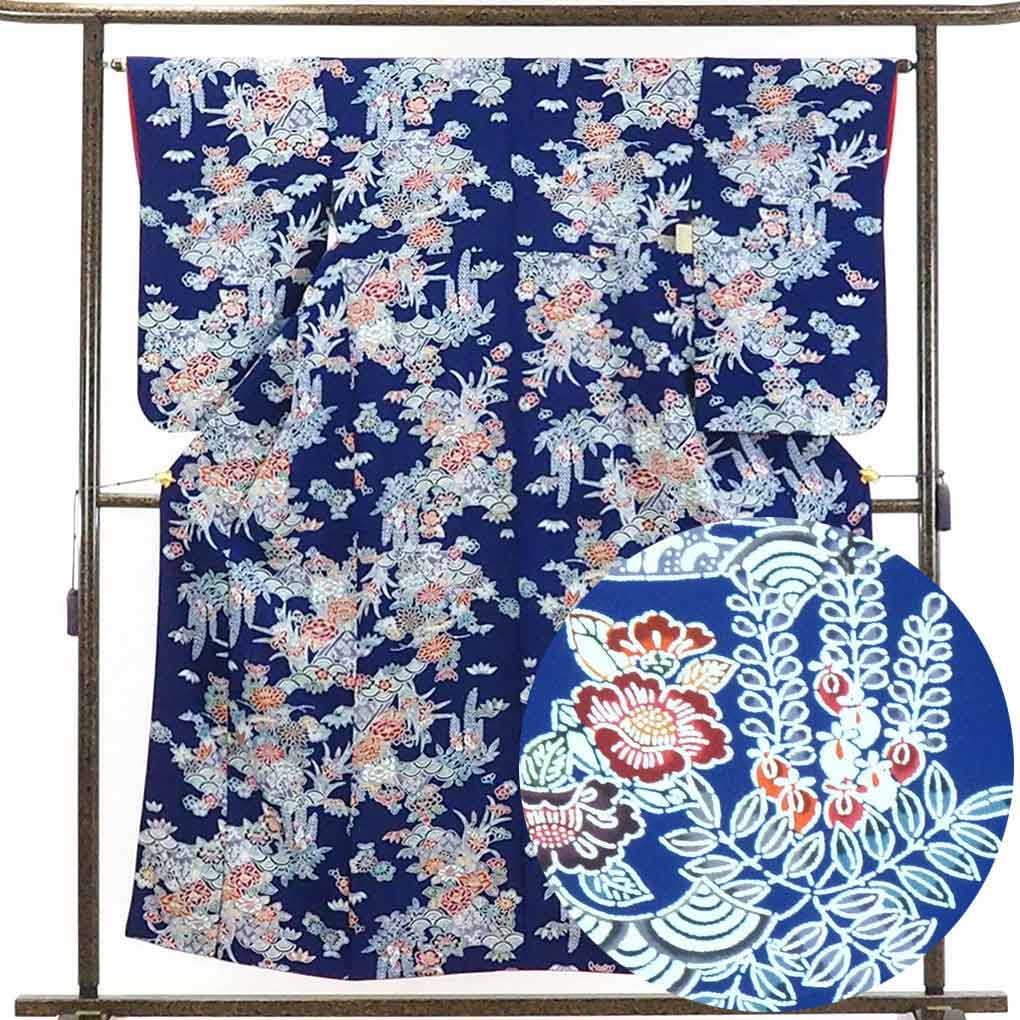 【在庫処分】リサイクル着物 小紋正絹紺地花柄袷小紋着物 レディース 秋冬春用 シルク ネイビー 裄Mサイズ身丈156cm 裄64cm 前幅22.5cm 後幅29cm 袖丈64cm【ランクA】