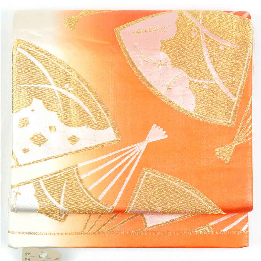 リサイクル帯 袋帯正絹朱赤地扇面柄袋帯 レディース 秋冬春用 シルク オレンジ フリーサイズ幅30cm 長さ420cm【ランクA】