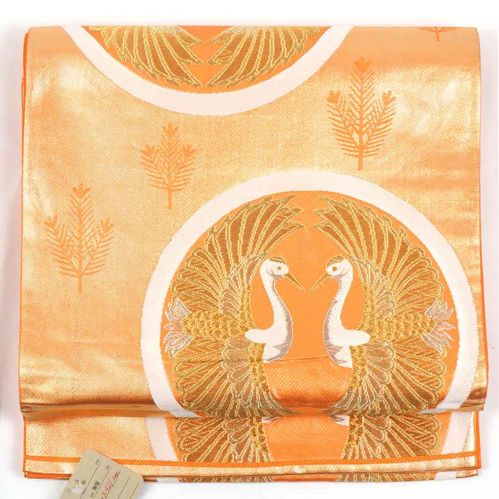 リサイクル帯 袋帯正絹金糸対い鶴柄袋帯 レディース 秋冬春用 シルク ゴールド フリーサイズ幅31cm 長さ421cm【ランクA】