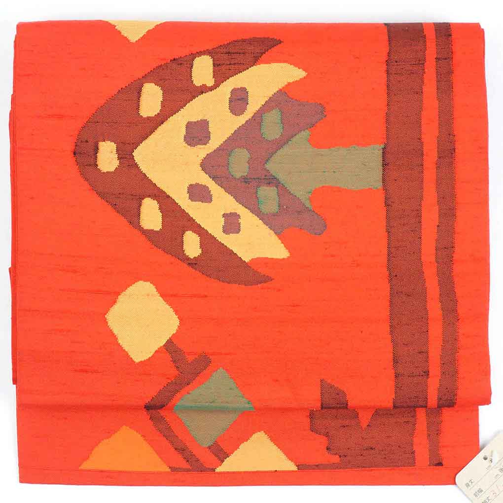 リサイクル帯 名古屋帯正絹朱赤地九寸名古屋帯 レディース 秋冬春用 シルク オレンジ フリーサイズ幅31cm 長さ357cm【ランクA】