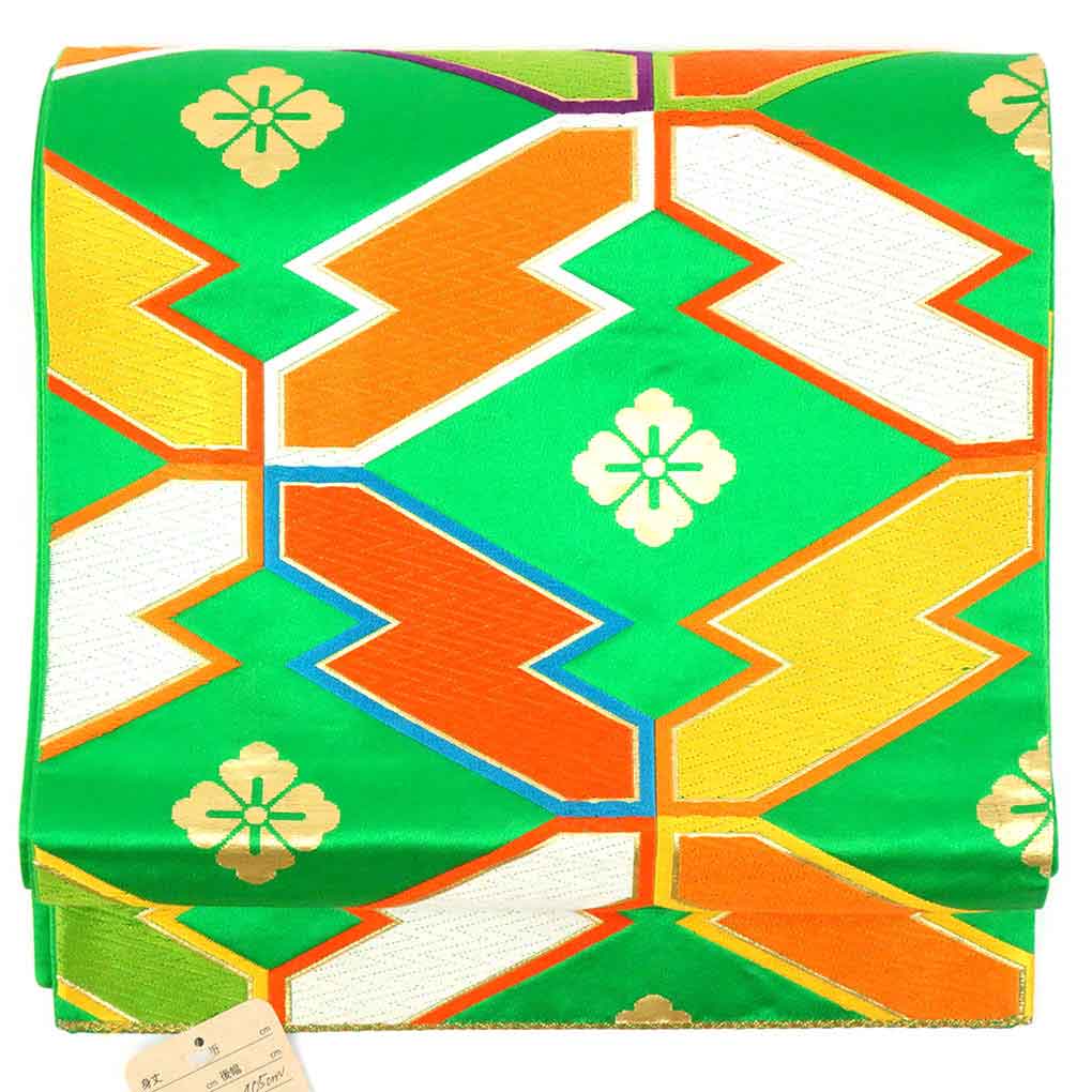 リサイクル帯 袋帯正絹グリーン地花菱柄袋帯 レディース 秋冬春用 シルク グリーン フリーサイズ幅31cm 長さ405cm【ランクA】