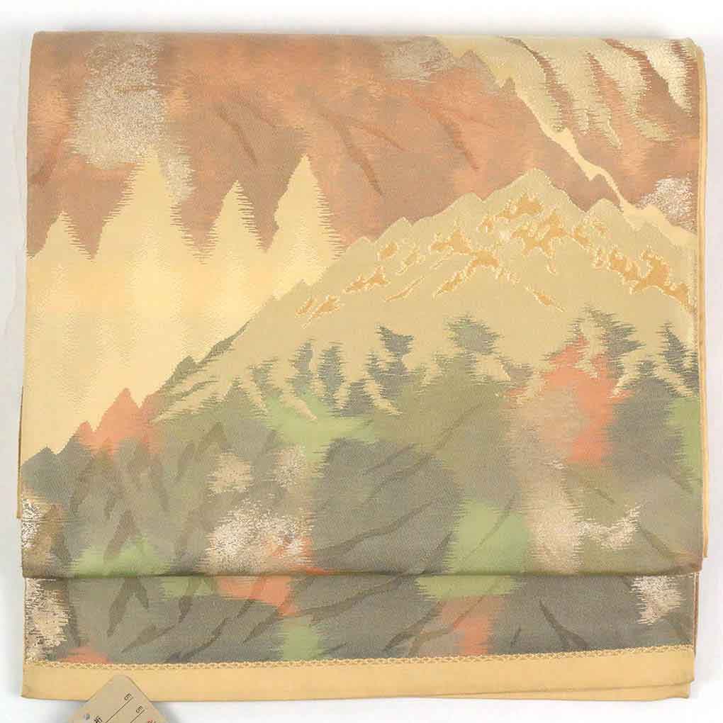 リサイクル帯 袋帯正絹薄黄色地遠山柄袋帯 レディース 秋冬春用 シルク イエロー フリーサイズ幅30cm 長さ406cm【ランクB】