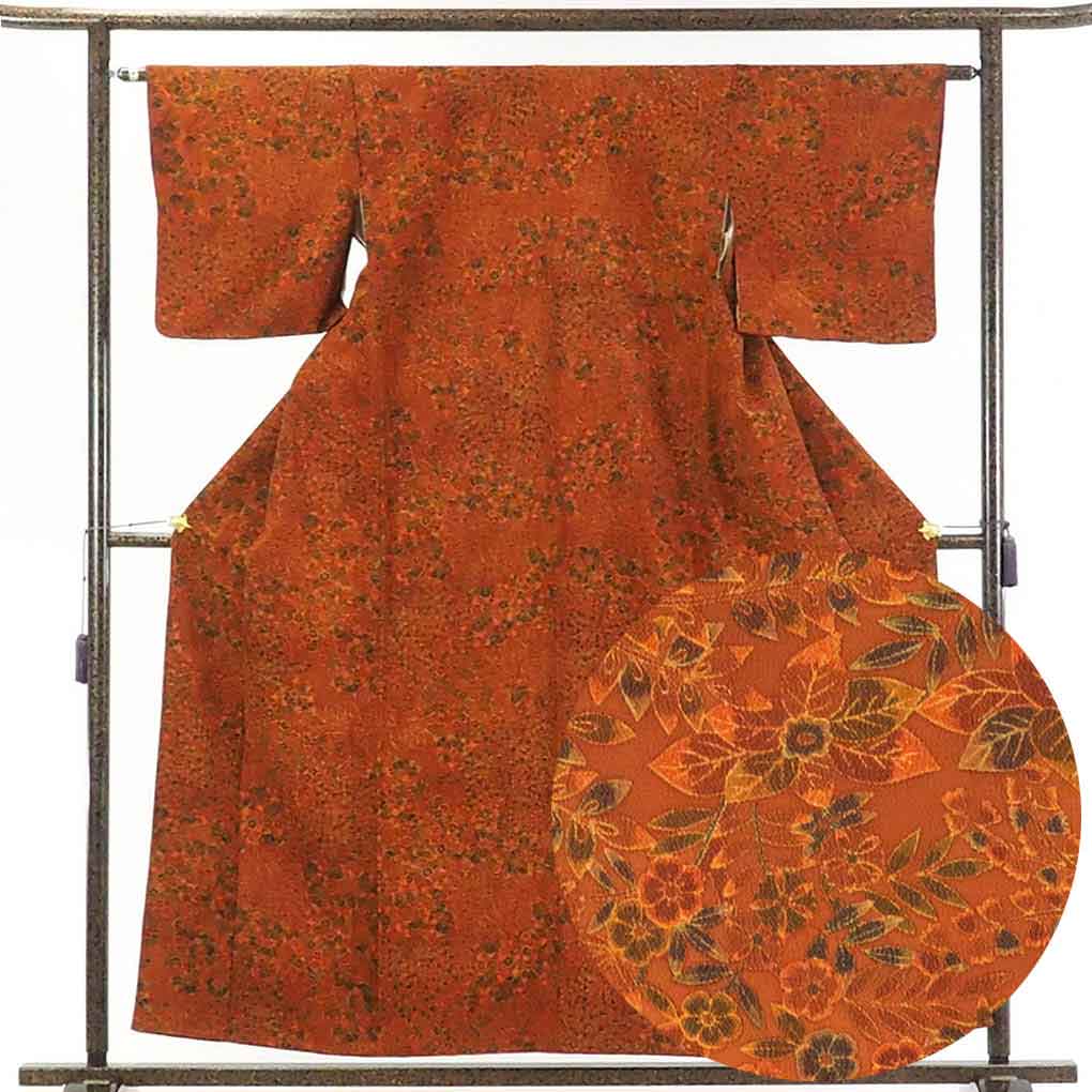 リサイクル着物 小紋正絹茶オレンジ地袷小紋着物 レディース 秋冬春用 シルク ブラウン 裄Mサイズ身丈158cm 裄63cm 前幅24cm 後幅30cm 袖丈45cm【ランクA】