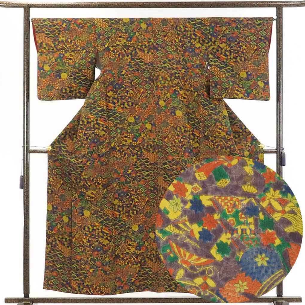 リサイクル着物 小紋正絹総花柄袷小紋着物 レディース 秋冬春用 シルク マルチカラー 裄Lサイズ身丈160cm 裄67cm 前幅24.5cm 後幅29cm 袖丈48cm【ランクS】