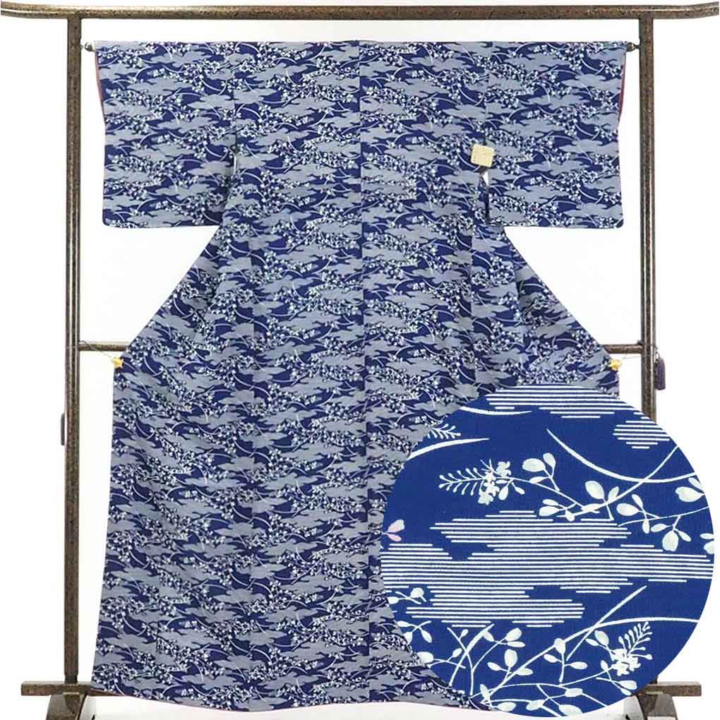 リサイクル着物 小紋正絹紺地萩柄袷小紋着物 レディース 秋冬春用 シルク ネイビー 裄Mサイズ トールサイズ身丈165cm 裄65cm 前幅24cm 後幅29.5cm 袖丈47cm【ランクA】